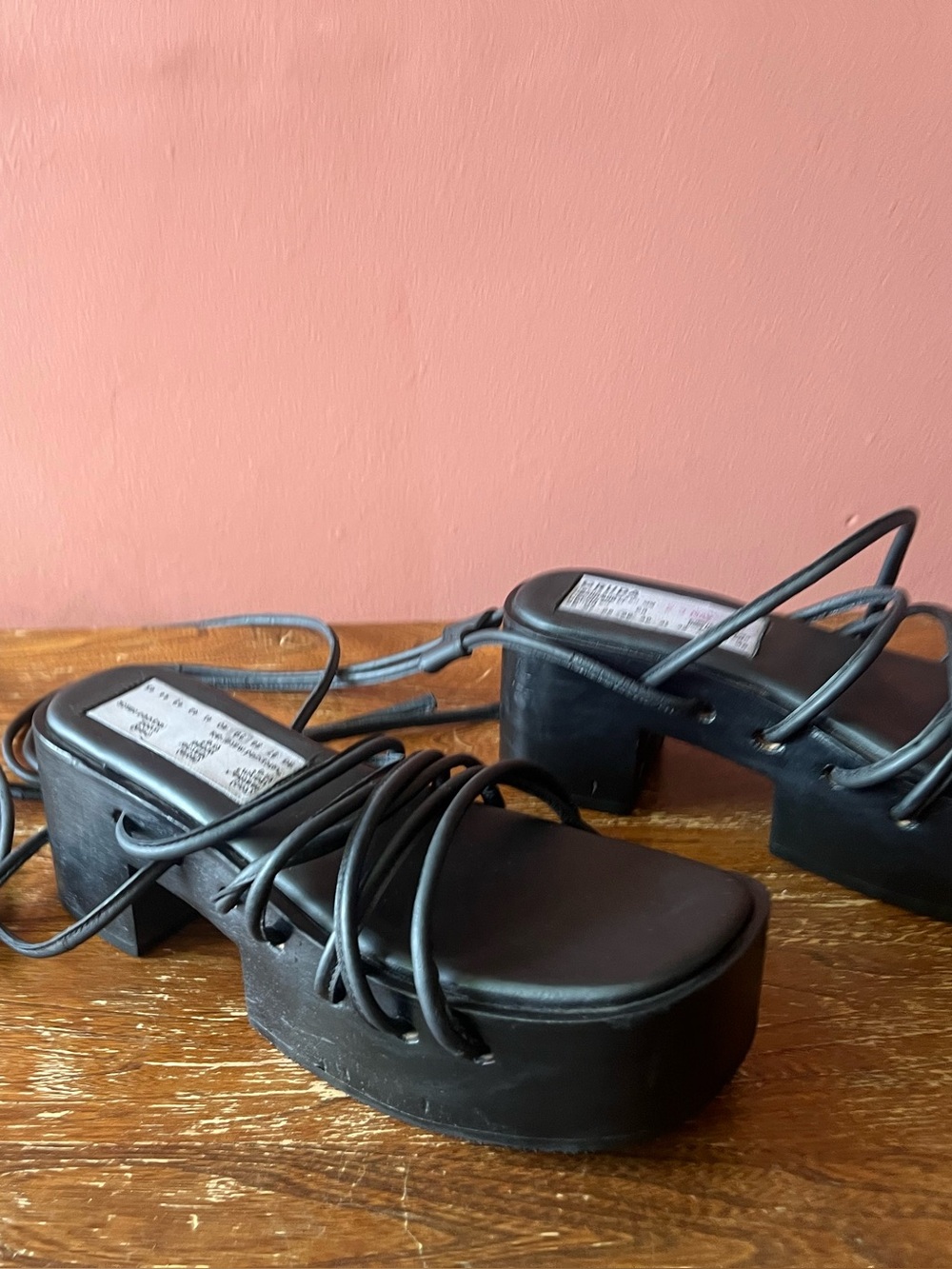 CRUDA Liz Black Upcycled Wood & Leather Handmade Strappy Platform Sandal SIZE 39
